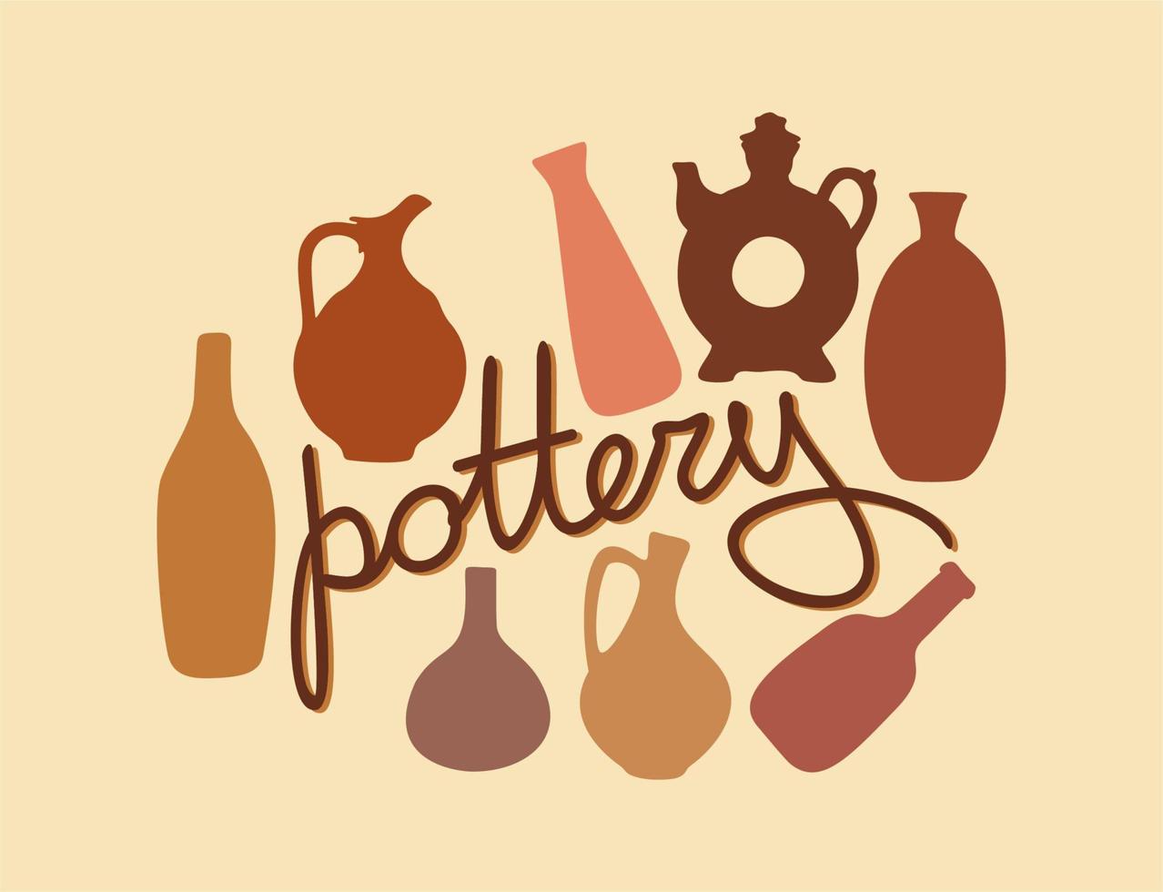 Vector set of clay utensils. Pottery vector. Ceramic tableware. Pottery lettering.