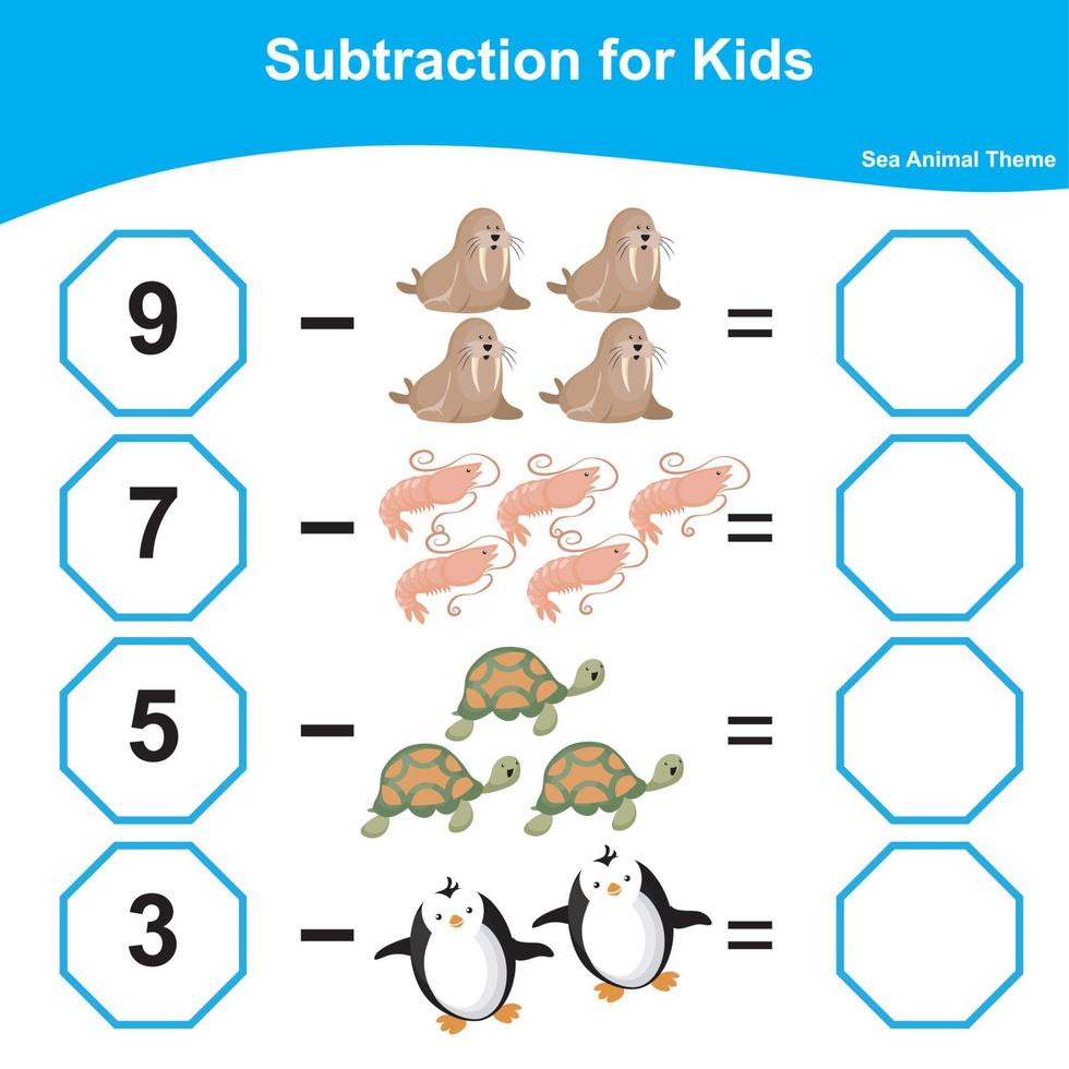 Count and write together worksheet. Educational printable math worksheet. Math game for children. Subtraction math worksheet. Vector illustration.