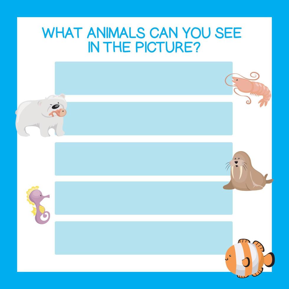 What sea animals can you see in the picture worksheet. Cute printable template. Preschool Education. Vector illustration.