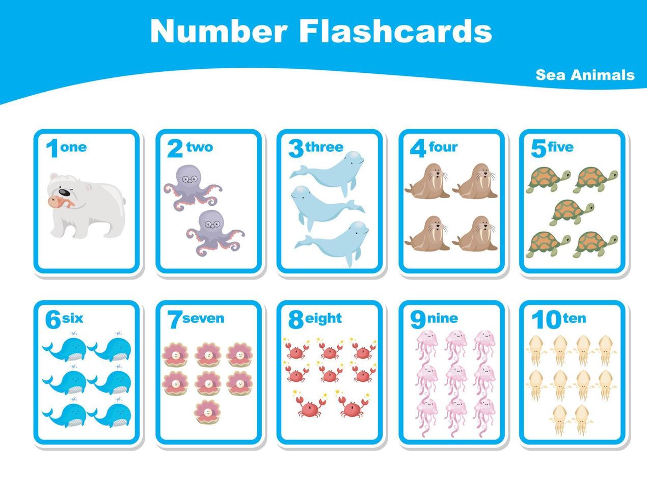 Cute number flashcards with sea animals set. English counting one to ten. Worksheet for learning English. Educational activity for preschool kids. Vector illustration.