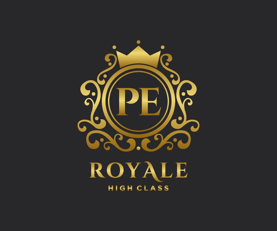 Golden Letter PE template logo Luxury gold letter with crown. Monogram alphabet . Beautiful royal initials letter. vector