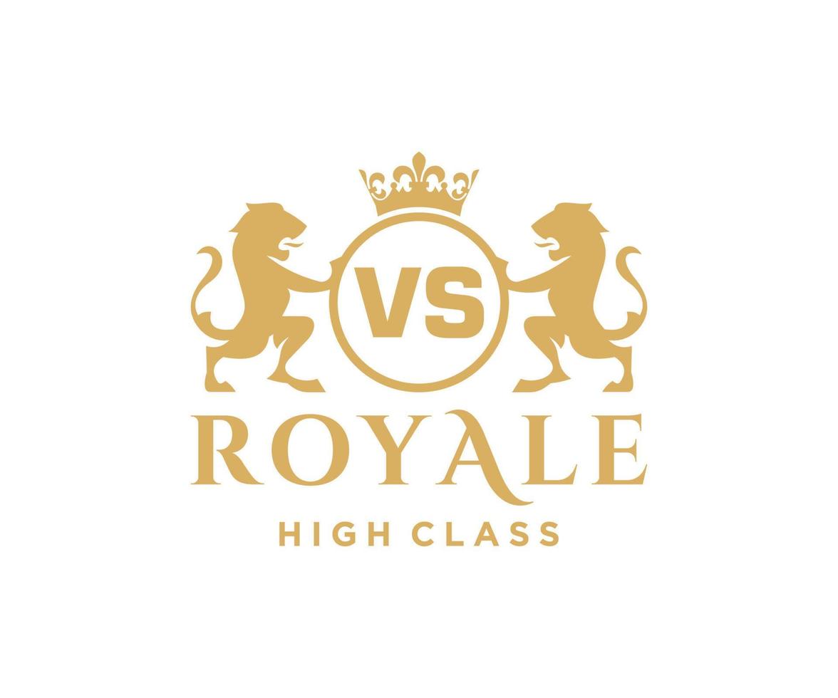 Golden Letter VS template logo Luxury gold letter with crown. Monogram alphabet . Beautiful royal initials letter. vector