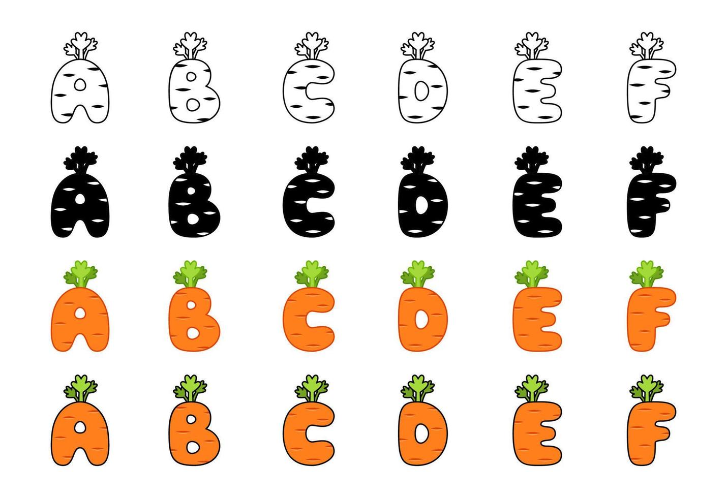 Zanahoria alfabeto en dibujos animados estilo vector