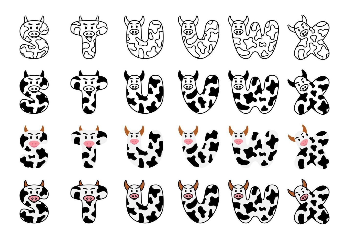 Cow alphabet in cartoon style vector