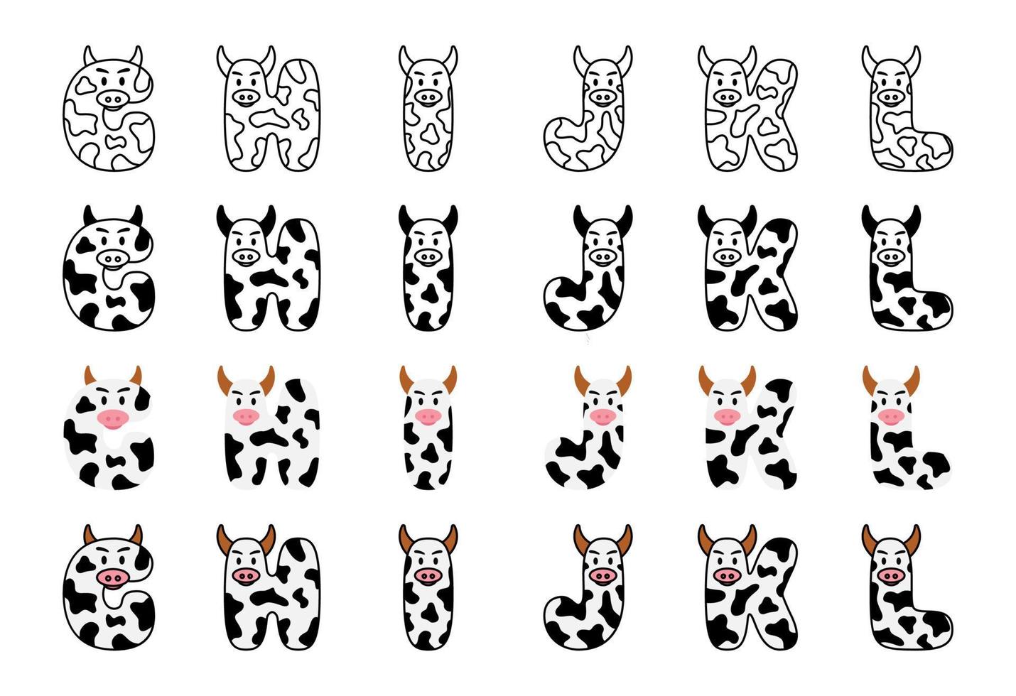 Cow alphabet in cartoon style vector