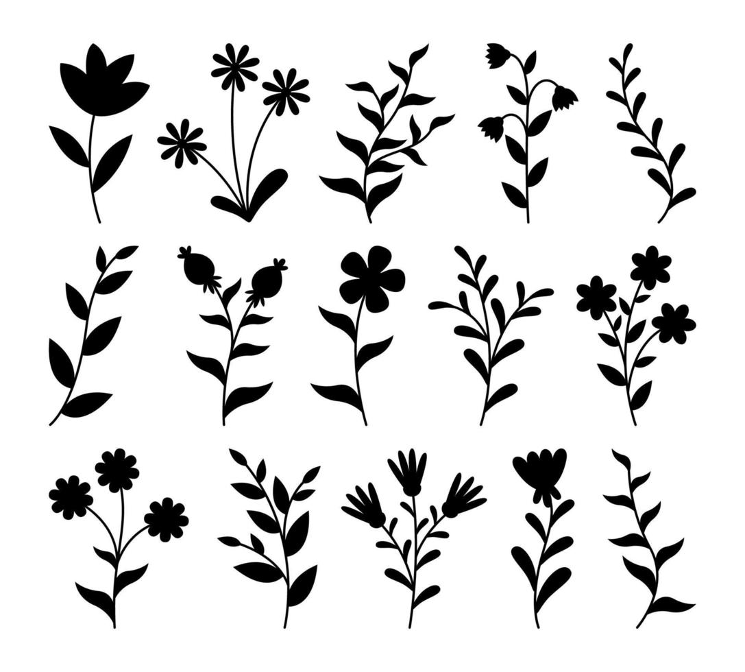 Set of floral elements. Flower collection with leaves. vector