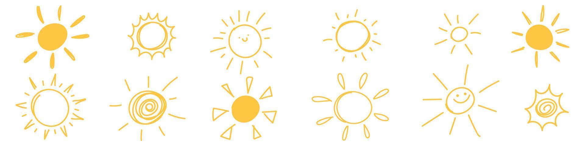 Doodle sun set. Funny yellow sun icons collection. Vector isolated illustration