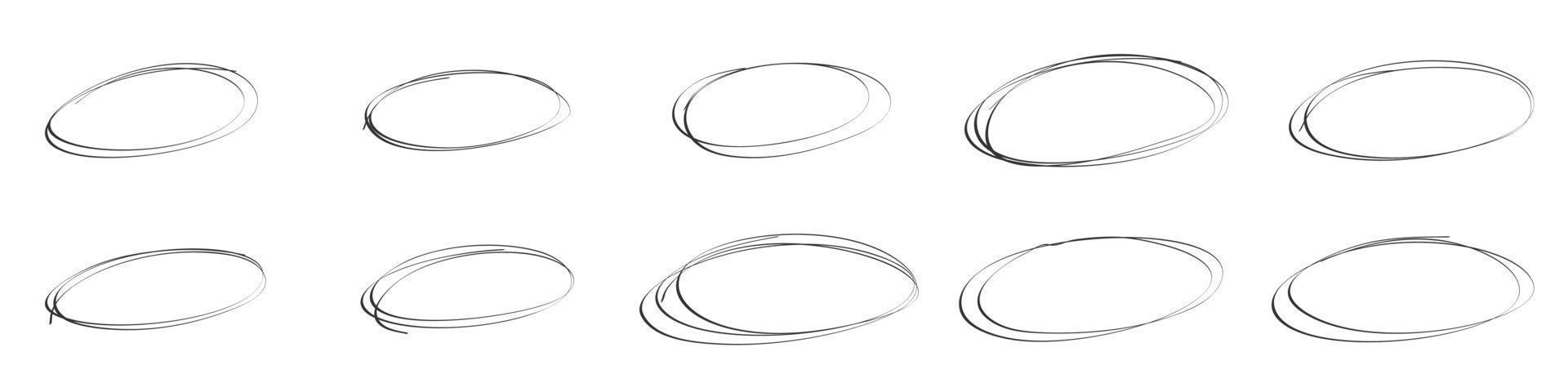 realce oval circulo marcos garabatear mano dibujado lápiz líneas. redondo cepillo marca. vector aislado ilustración