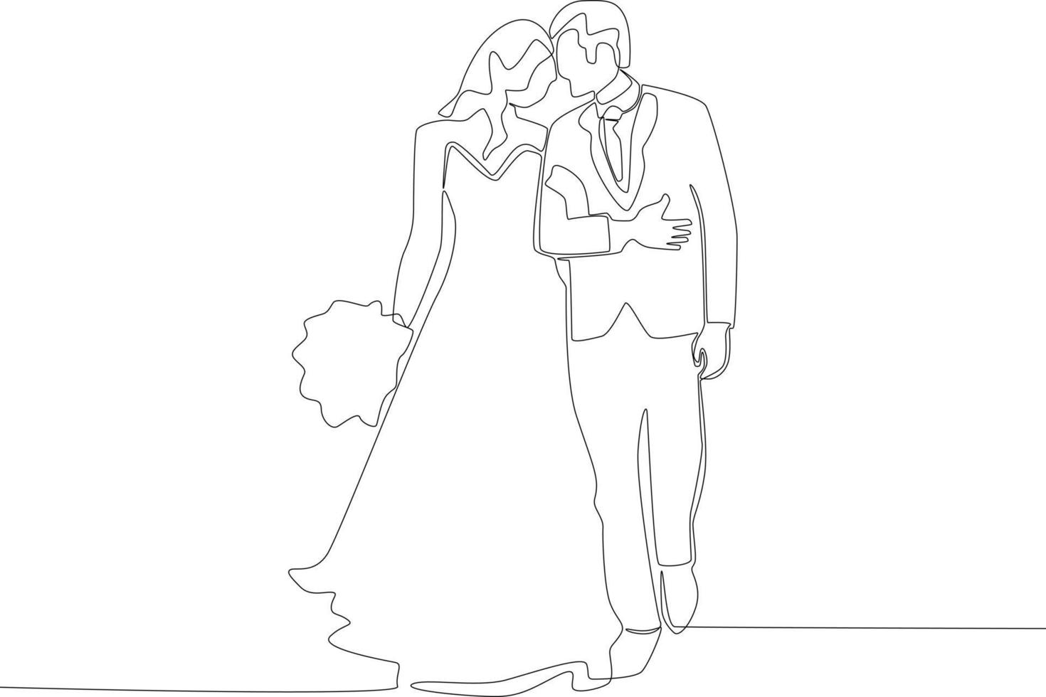 A romantic couple walking while carrying a bouquet vector