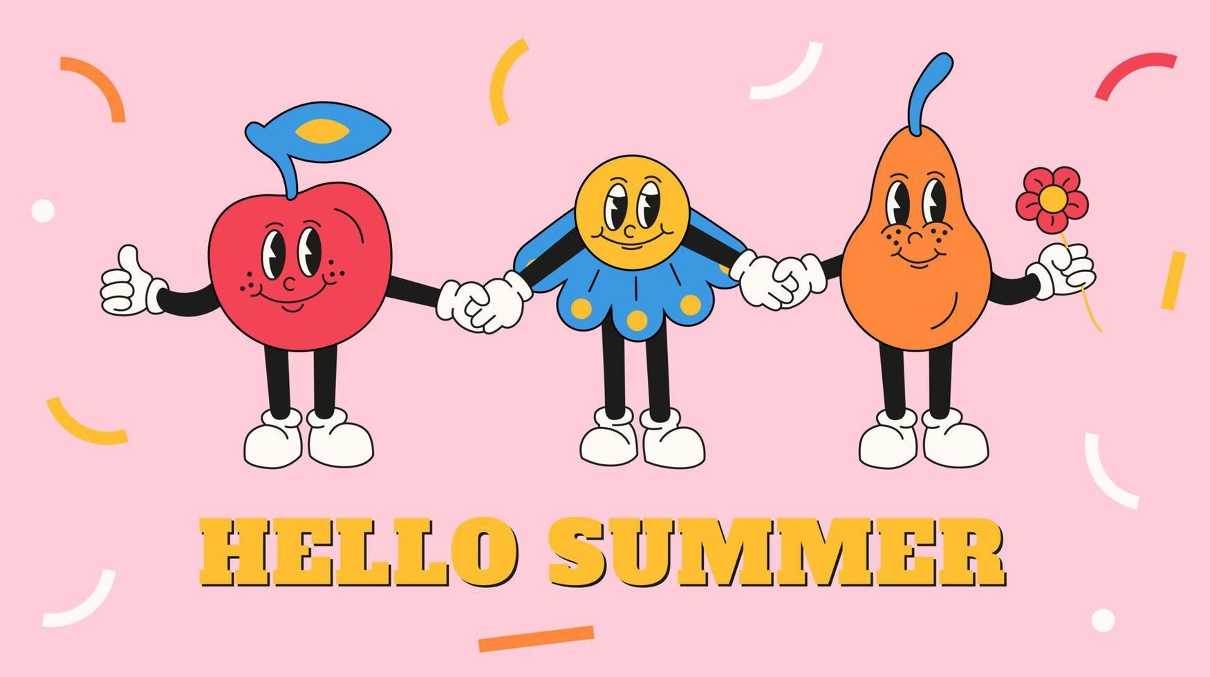 Hello Summer fruit and flower in retro cartoon style. Vector illustration of greetings summertime. Good for card, banner and poster.