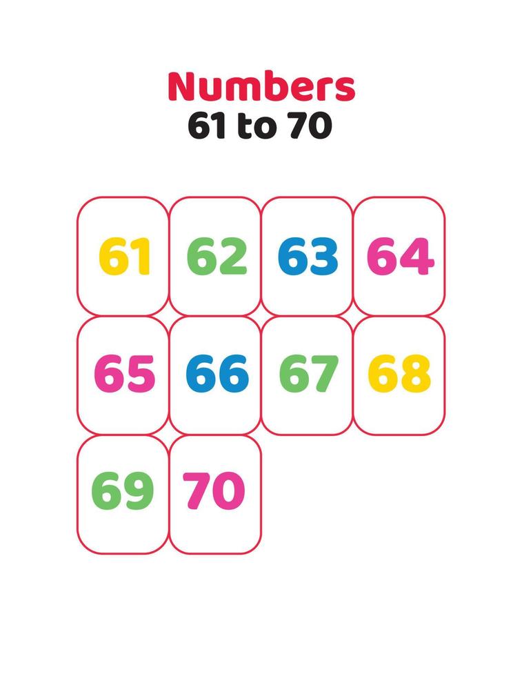 61 to 70 English number.Counting numbers for kids vector