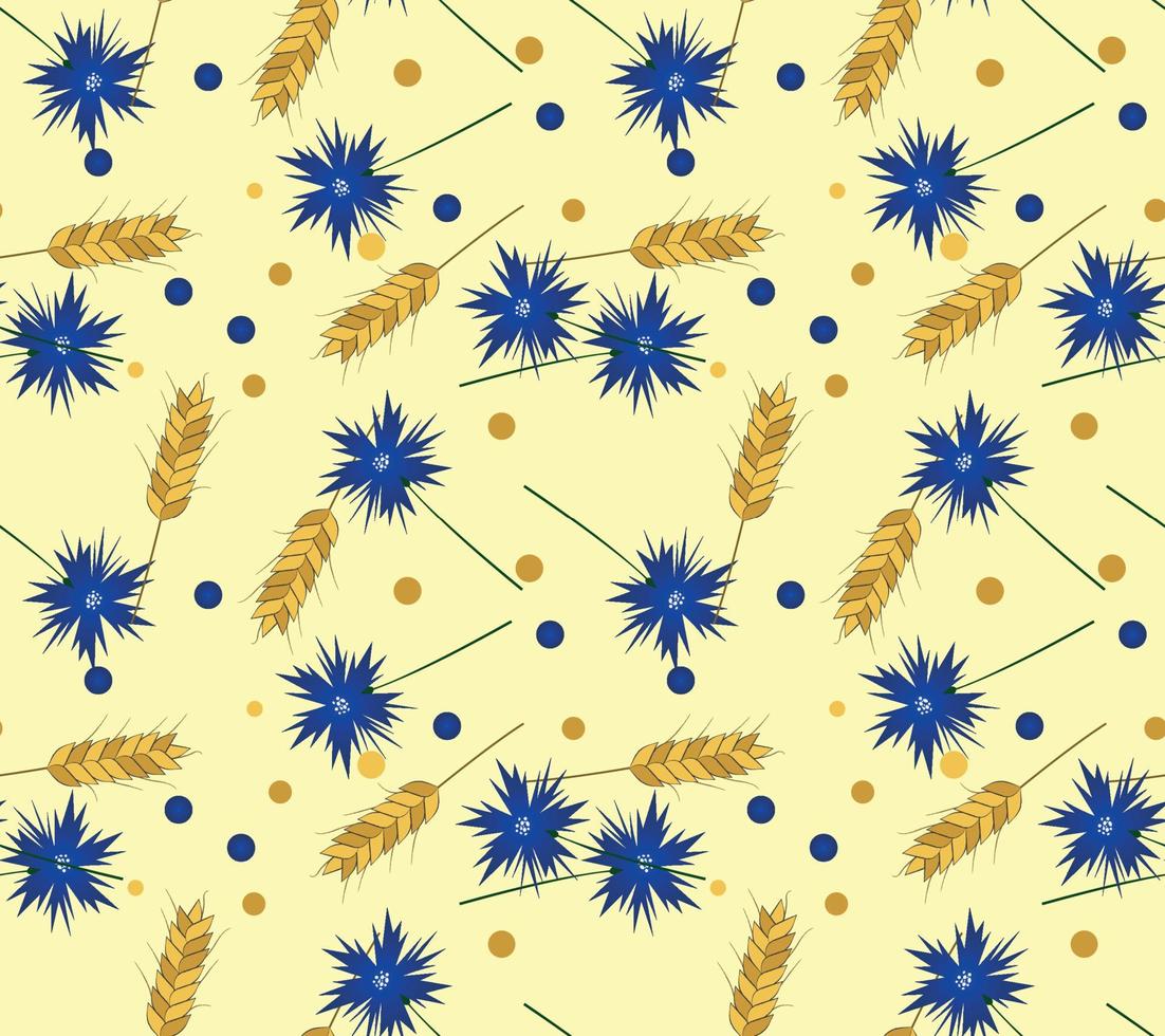 Seamless pattern of cornflowers and spikelets. vector