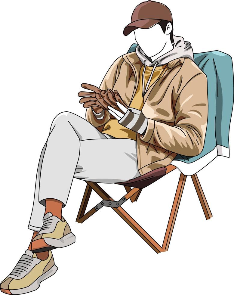 A man sits on a folding chair while camping vector