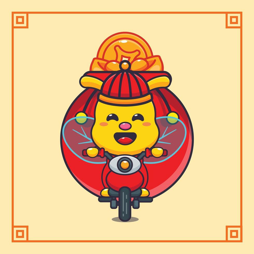 Cute bee riding a motorcycle with a lot of gold in chinese new year. vector