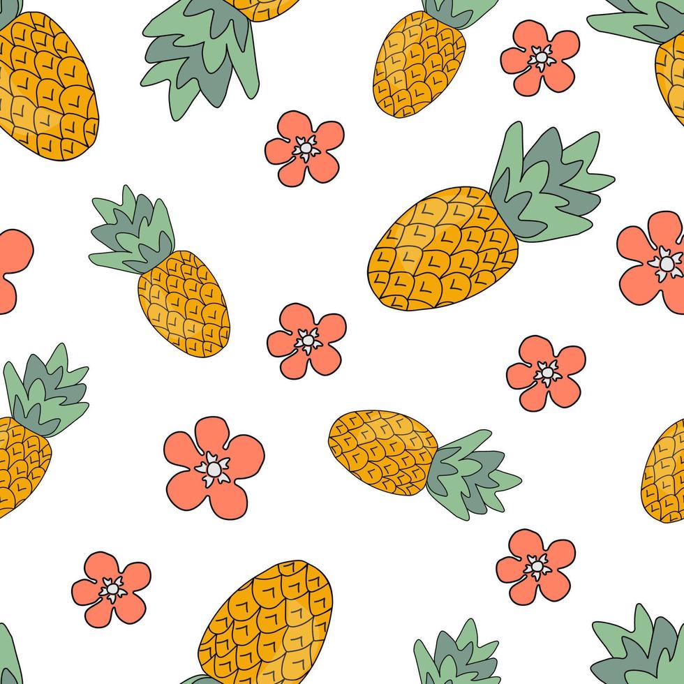 vector illustration seamless pattern of pineapples and pink flowers on white background