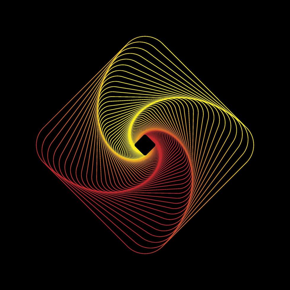 Geometric line art quilted square with yellow and red neon light glow. Abstract wireframe spirograph squarish logo vector. Technology spiral wave tunnel. vector