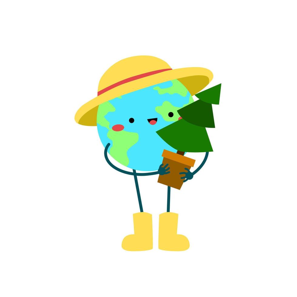 Cute planet earth character. Cartoon planet emoji collection. Earth Day card vector illustration. Mascot about green and garden. Plant the trees