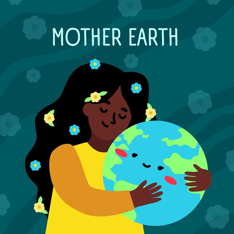 Happy Earth day. Cute girl hugs our planet. Global green illustration. Ecology card about environmental problem and protect vector