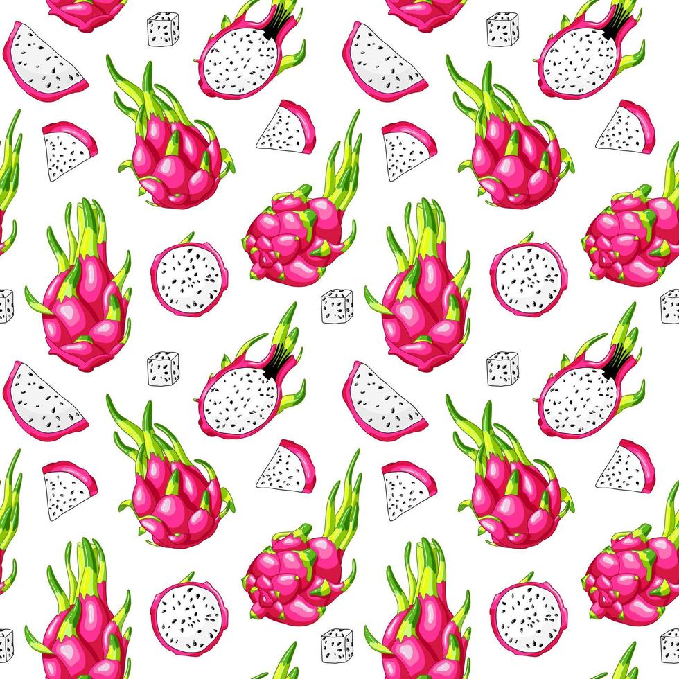 Red dragon fruit seamless pattern on white background. Tropical pitaya wallpaper. Exotic illustration summer food. Organic fresh succulent vector