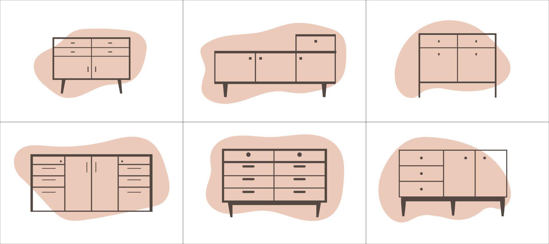 Set of furniture icons in flat style. Cabinet outline icons set on abstract shapes backgrounds vector