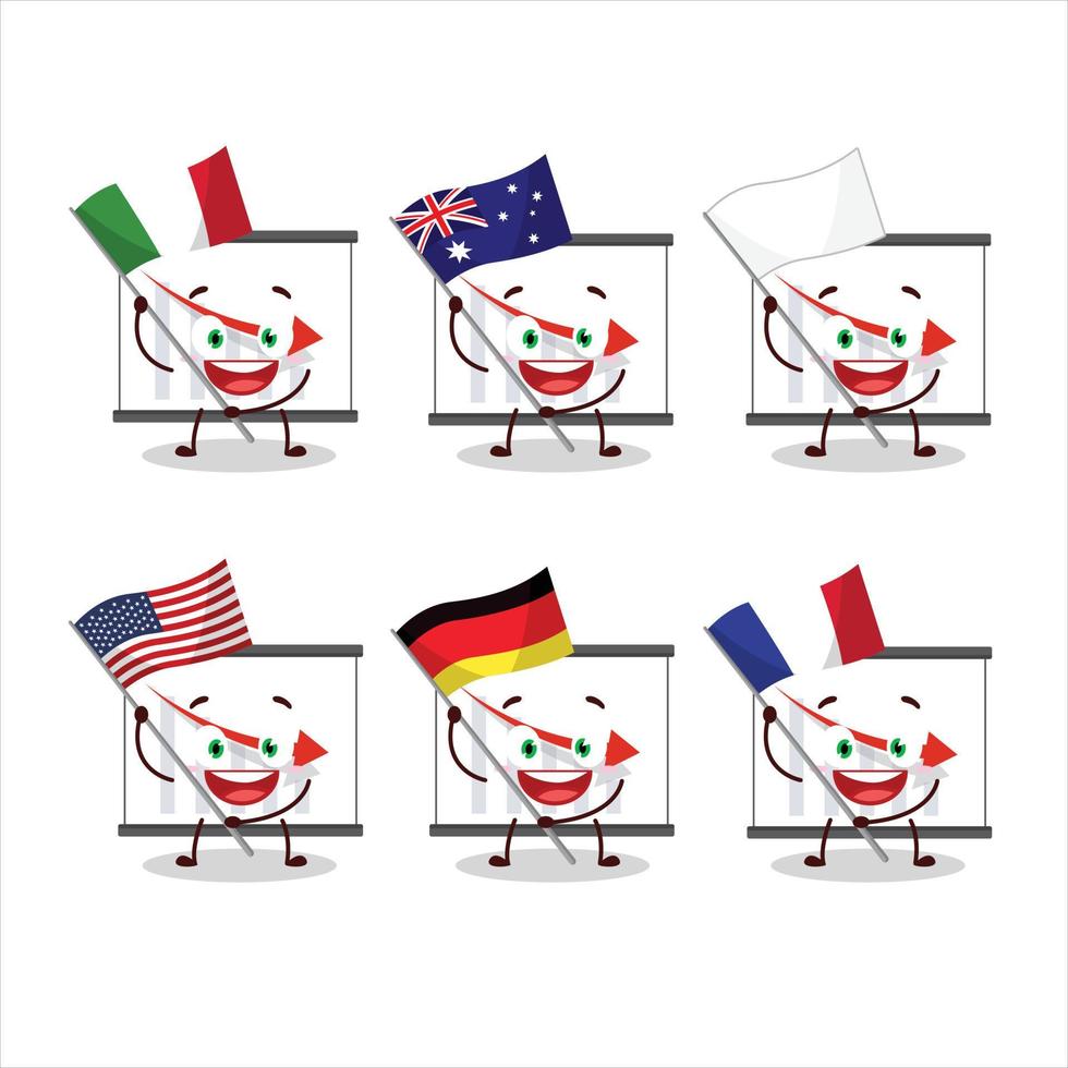 gráfico yendo abajo dibujos animados personaje traer el banderas de varios países vector