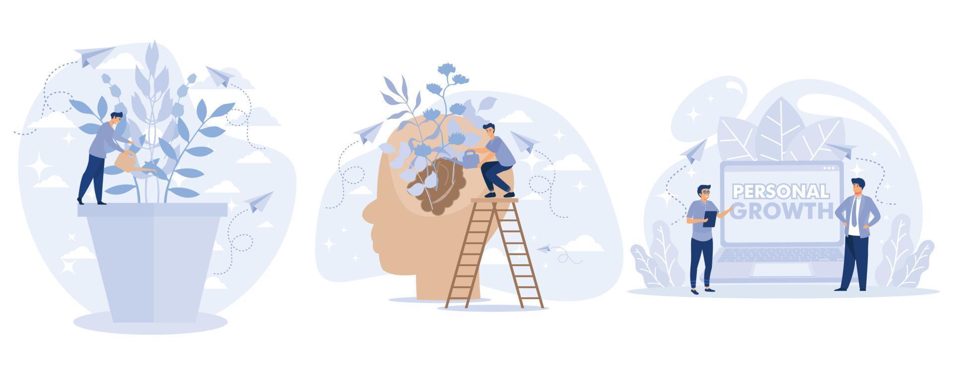 Personal growth concept. Metaphor growth personality as plant. Tiny people that self-improvement, self development. set flat vector modern illustration