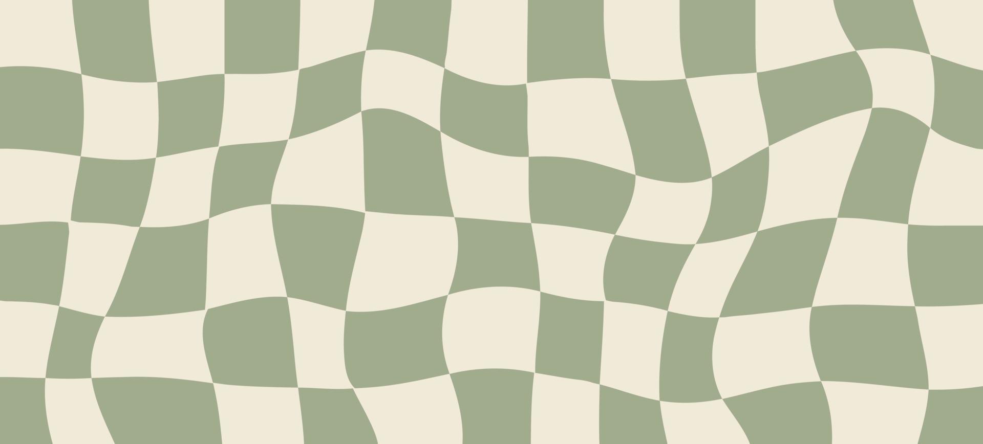 Groovy psychedelic wavy checkerboard background in 60-70s style. Aesthetic abstract pattern. Funky hippie backdrop for surface design. Retro art. Trendy vector illustration. Beige, green pastel colors