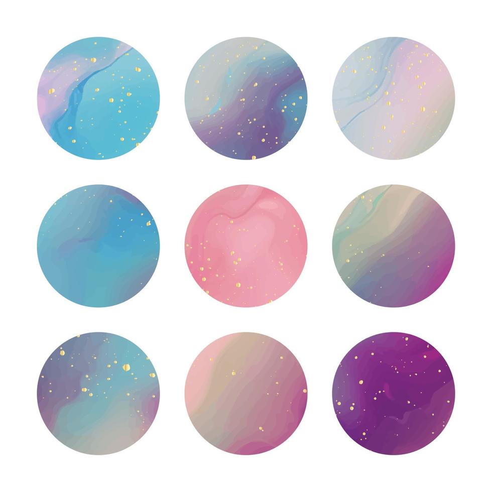 Set of highlights stories cover icon for social media in purple, pink, blue and gold colors. Watercolor night starry sky, nebula, Milky Way, galaxy, universe textures. Pack colorful round templates vector