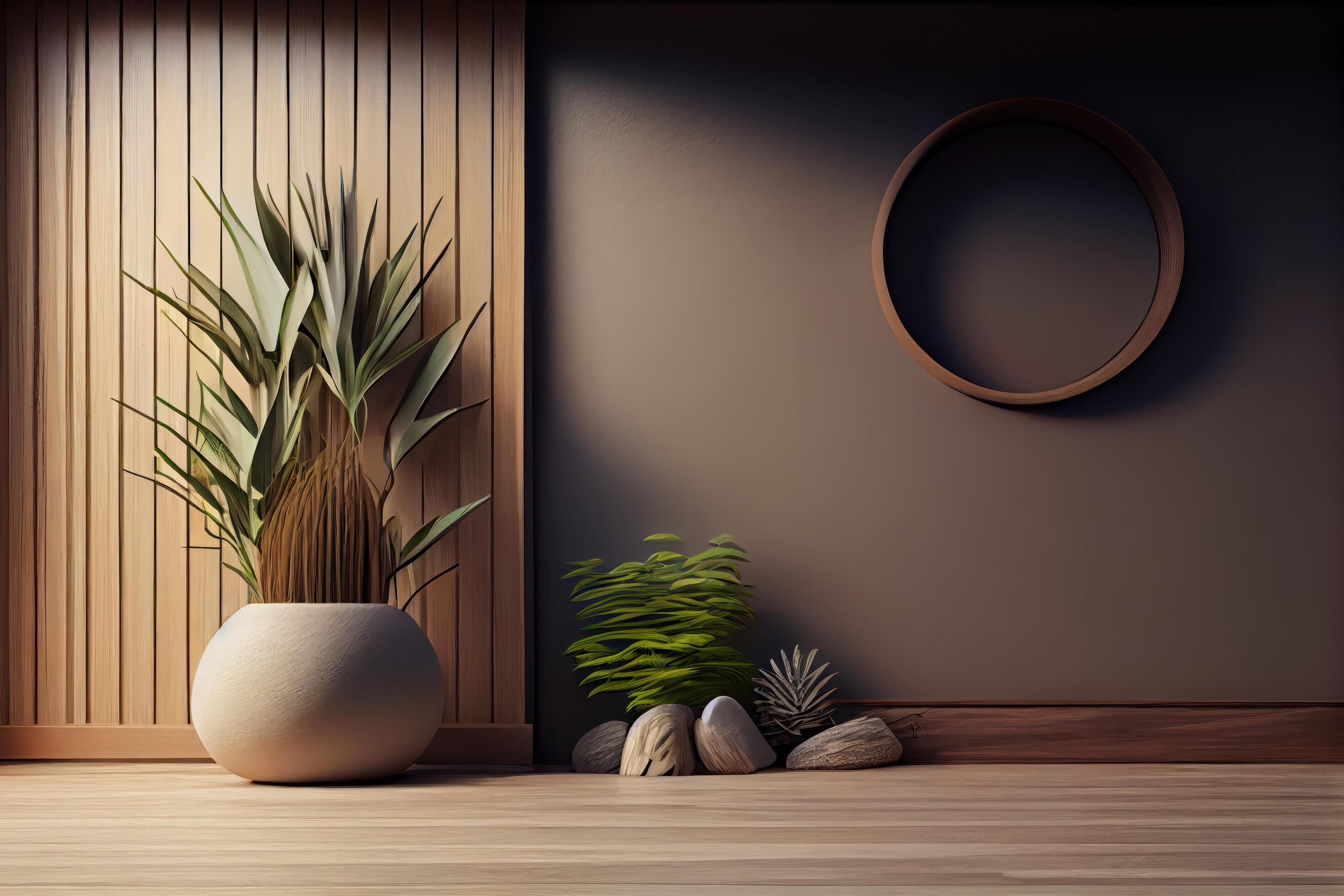 Interior background of living room with stucco wall. Vase with twig on