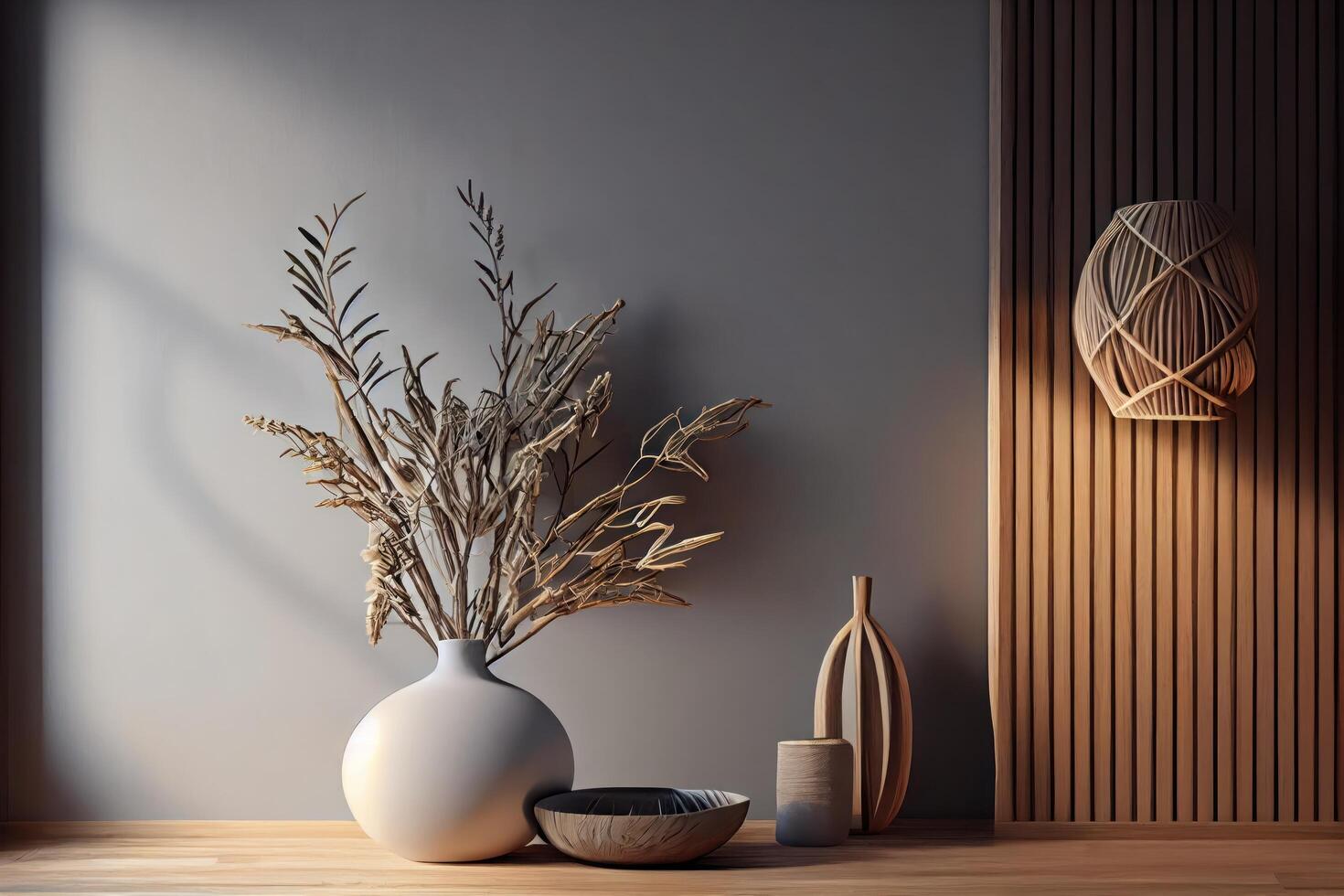 Interior background of living room with stucco wall. Vase with twig on decorative accent coffee table. Empty mock up wall and wooden flooring, pendant light. Modern home decor . photo