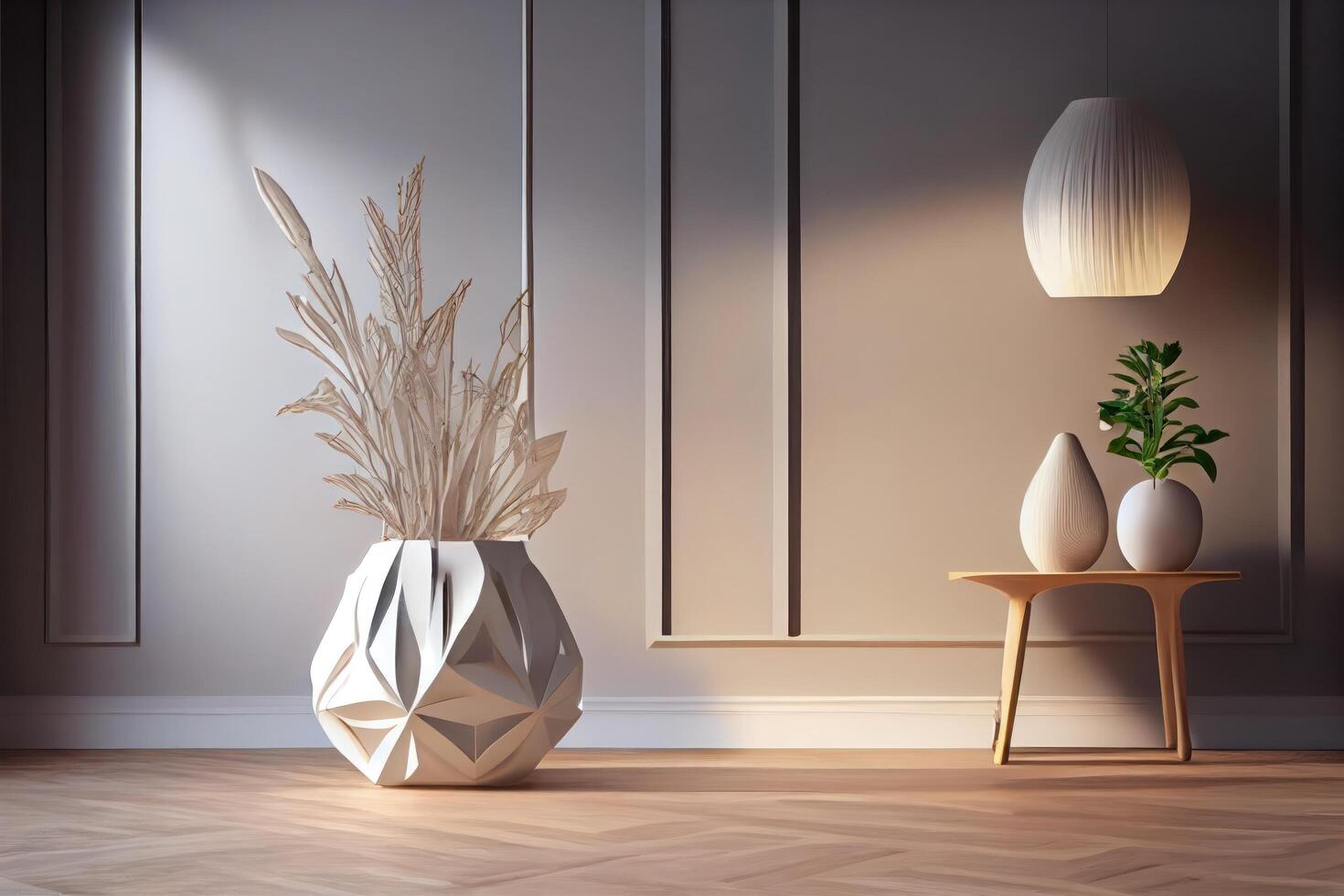 Interior background of living room with stucco wall. Vase with twig on decorative accent coffee table. Empty mock up wall and wooden flooring, pendant light. Modern home decor . photo