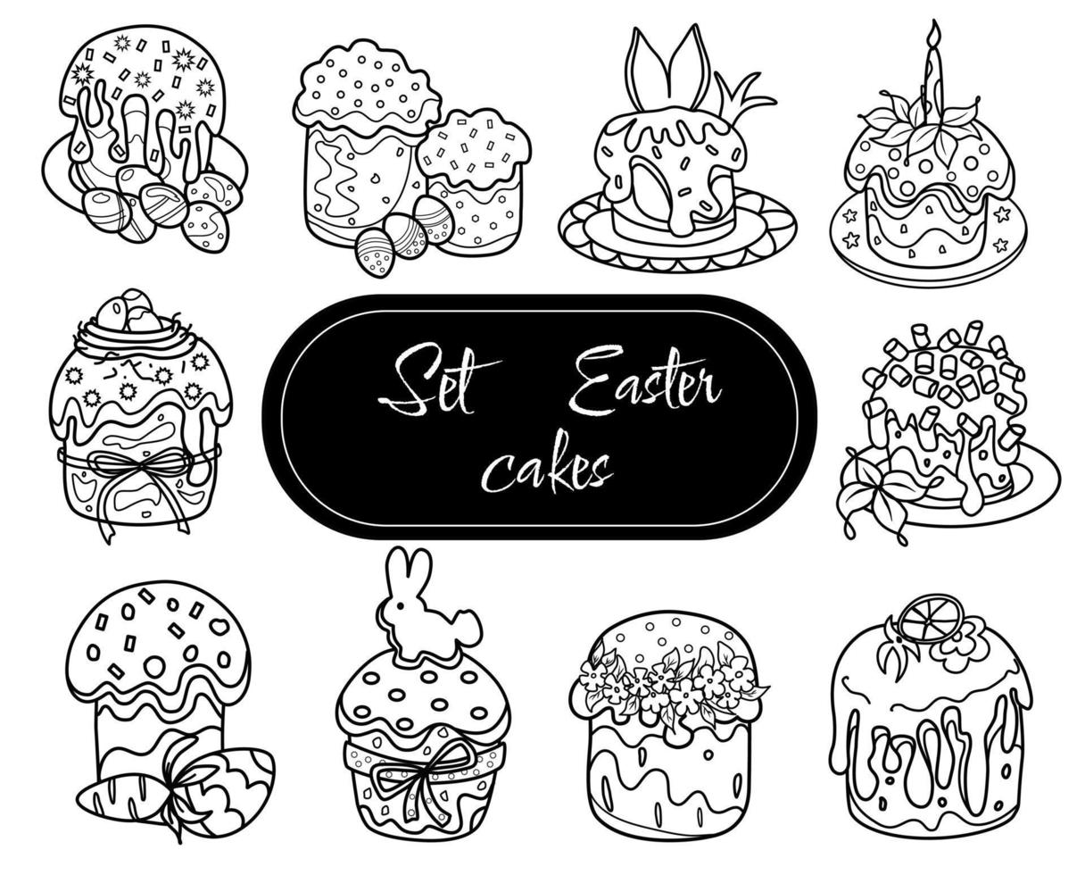 a set of linear black and white Easter cakes on an isolated white background, hand-drawing vector