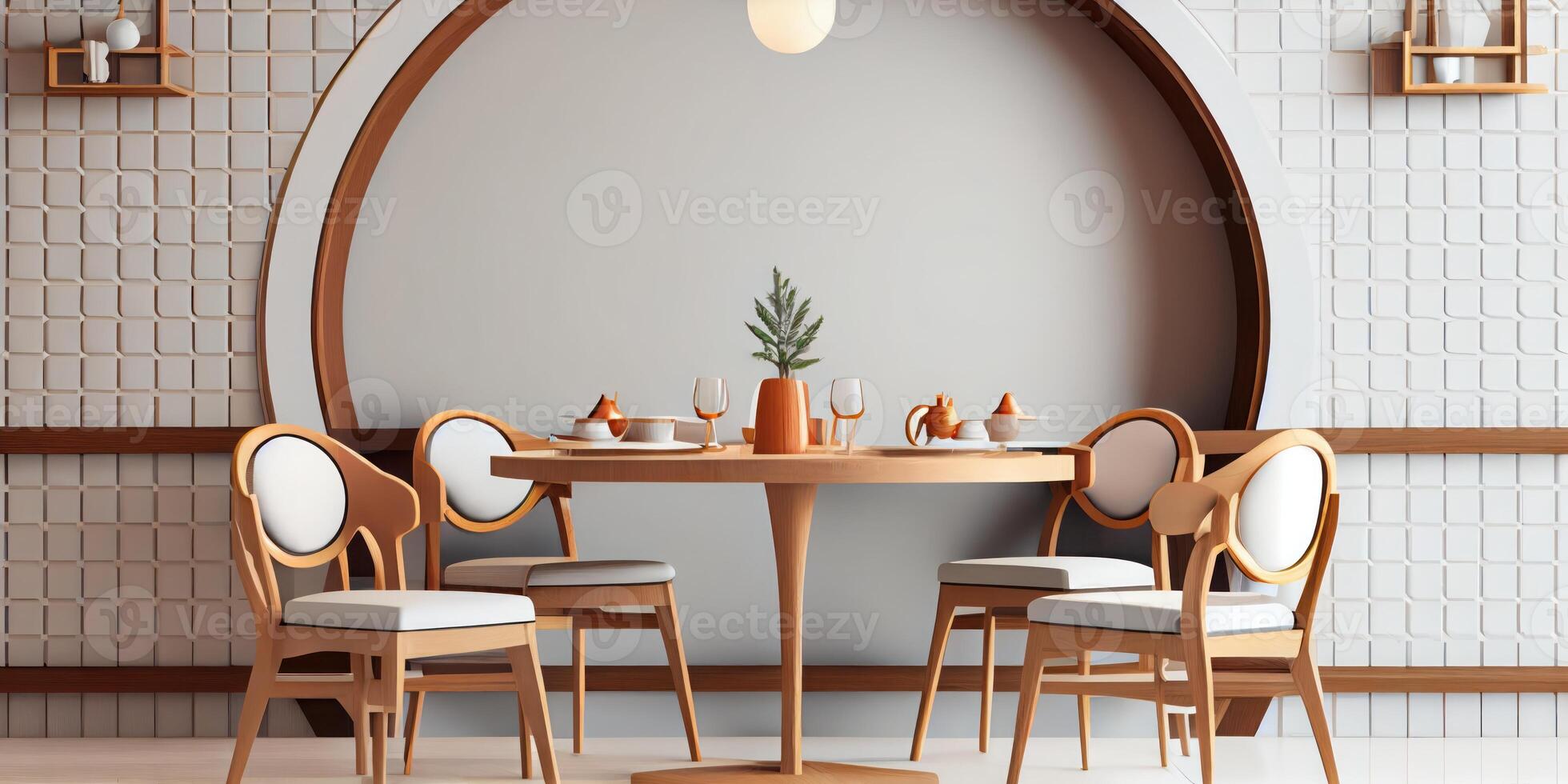 Interior design with wooden round table and chairs. Modern dining room with white wall. Cafe