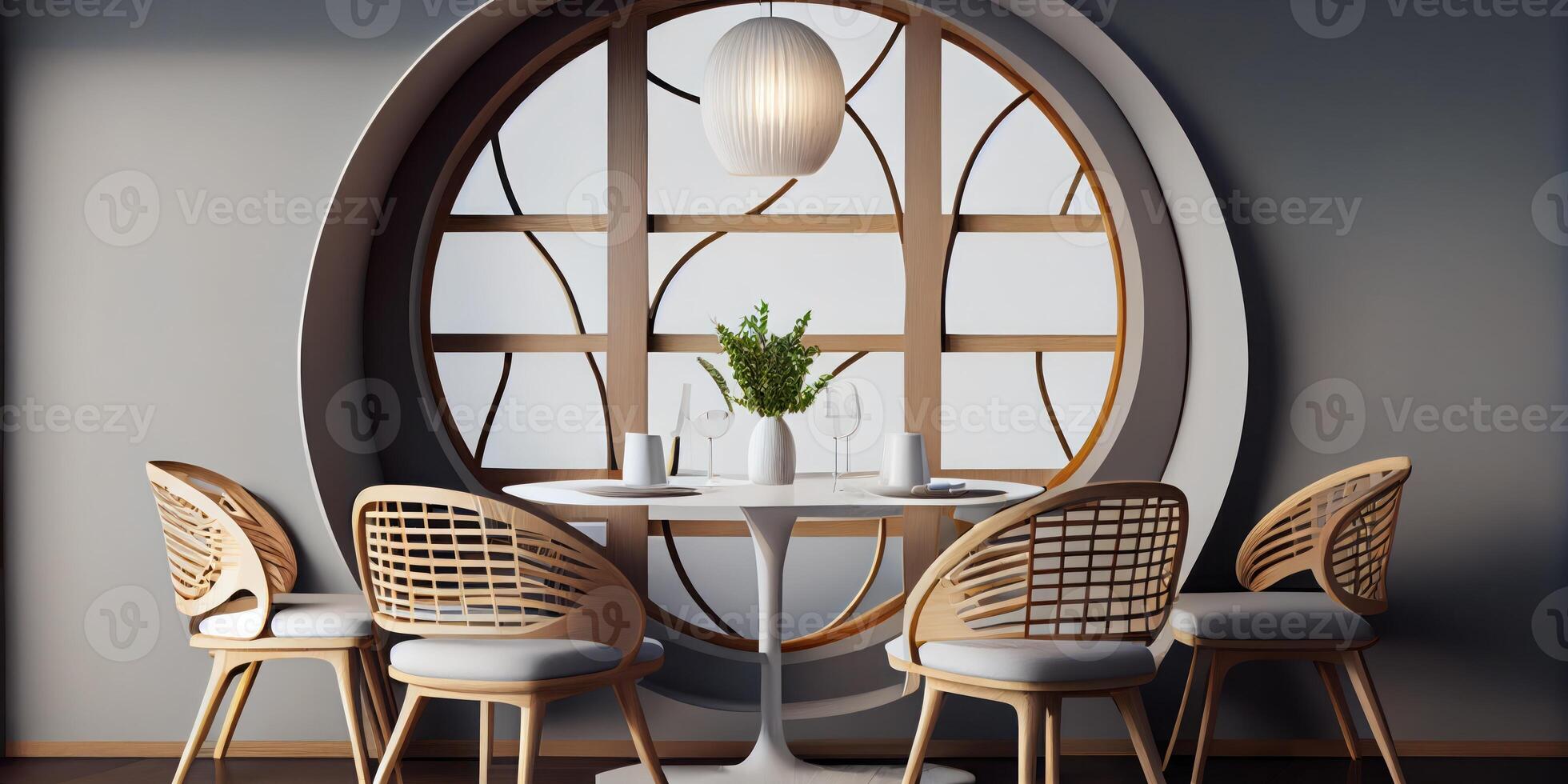 interior diseño con de madera redondo mesa y sillas. moderno comida habitación con blanco pared. cafetería, bar o restaurante interior diseño. hogar interior . ai generado foto