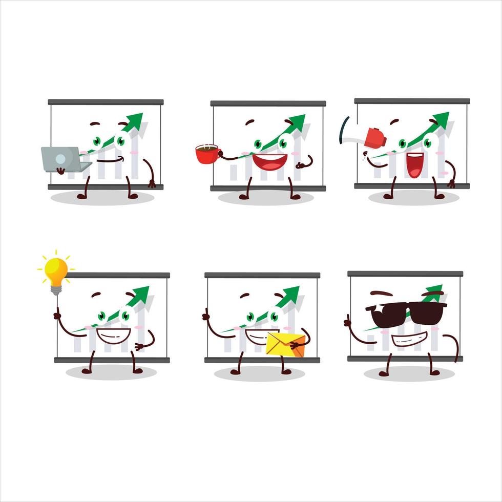 Chart going up cartoon character with various types of business emoticons vector