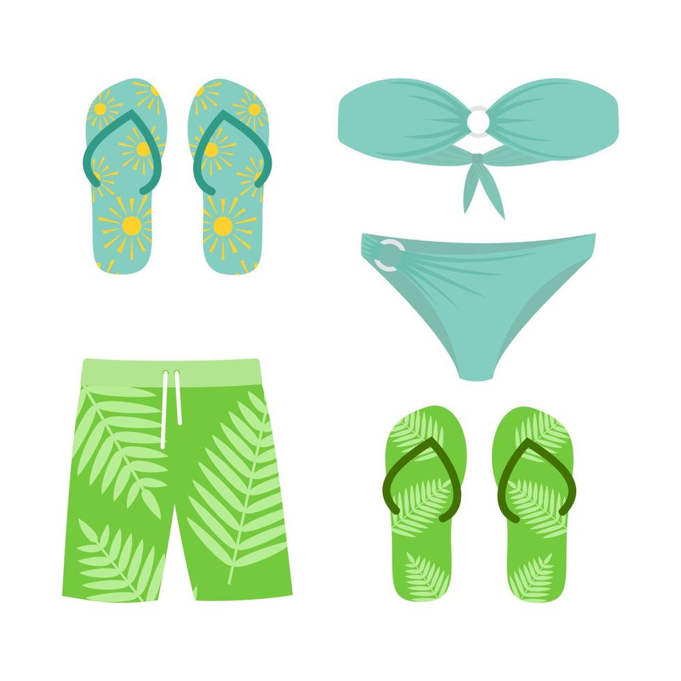 Vector illustration. Collection of summer clothes for the beach. Swimsuit, shorts, summer shoes.