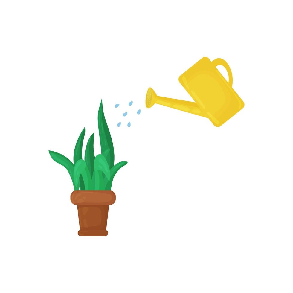 Watering can and plant in the pot. Vector illustration.