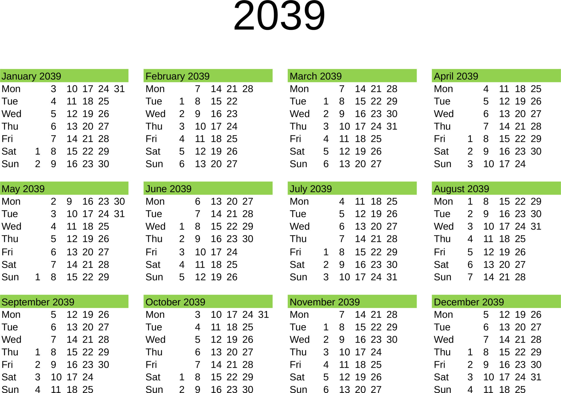 year 2039 calendar in English 22819455 Vector Art at Vecteezy