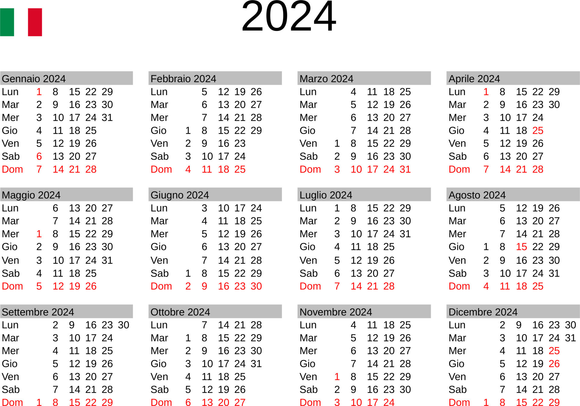year 2024 calendar in Italian with Italy holidays 22819460 Vector Art