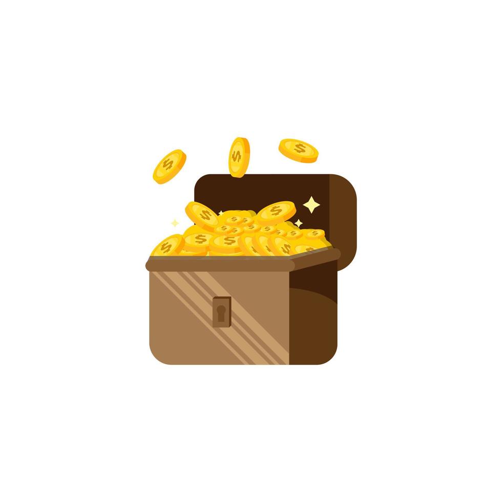 Treasure box full of gold coins sign dollar money vector