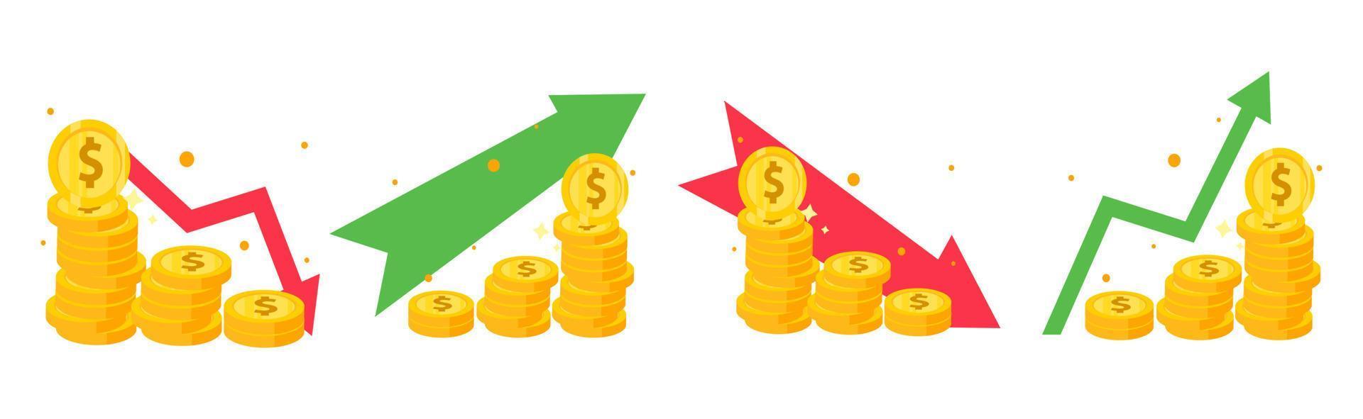 set vector illustration investment arrows up and down with graph coin sign dollar
