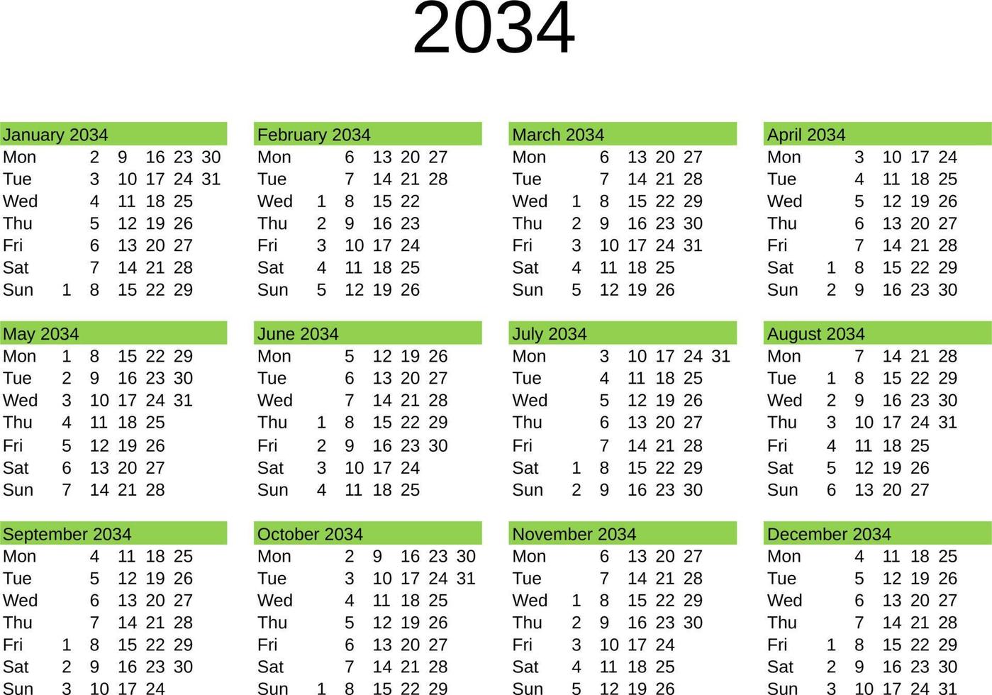 year 2034 calendar in English vector