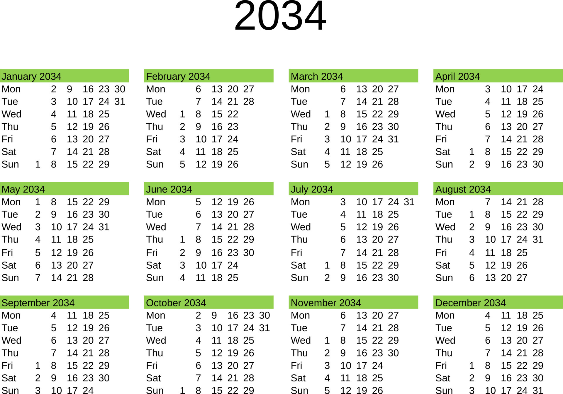 year 2034 calendar in English 22819482 Vector Art at Vecteezy