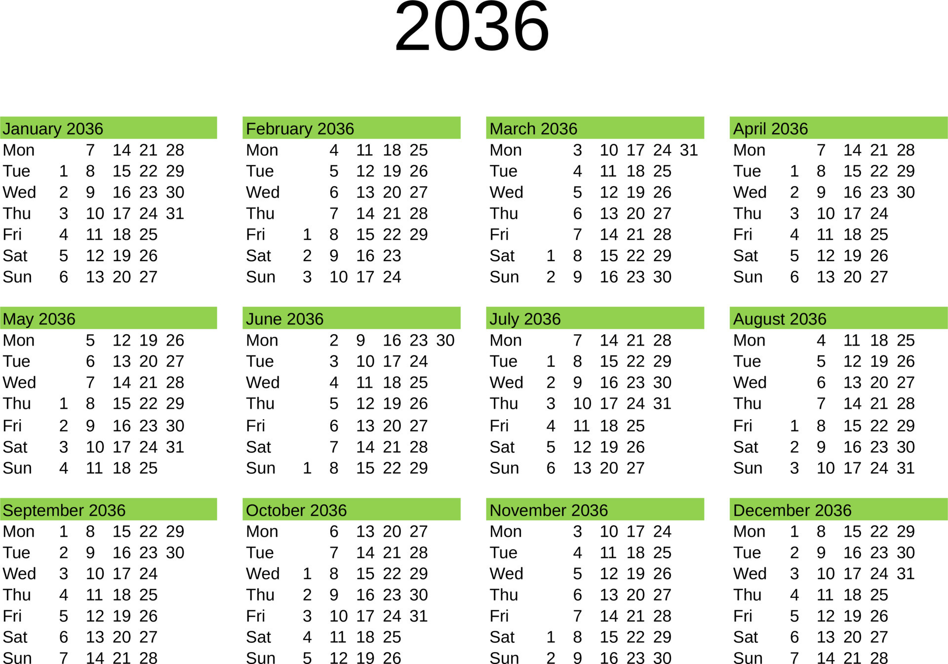 year 2036 calendar in English 22819485 Vector Art at Vecteezy
