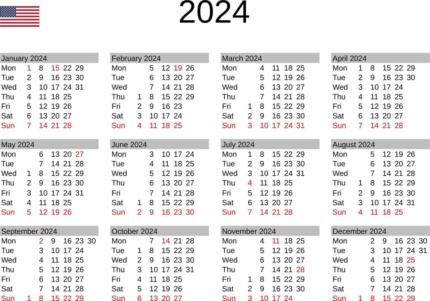 year 2024 calendar in English with United States holidays 22819486