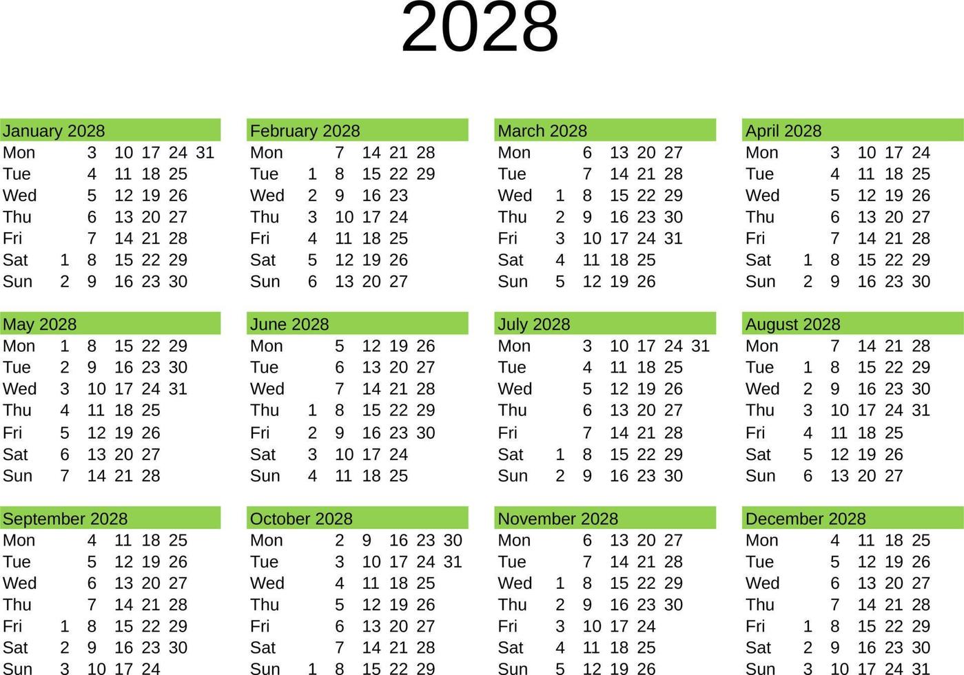año 2028 calendario en Inglés 22819488 Vector en Vecteezy