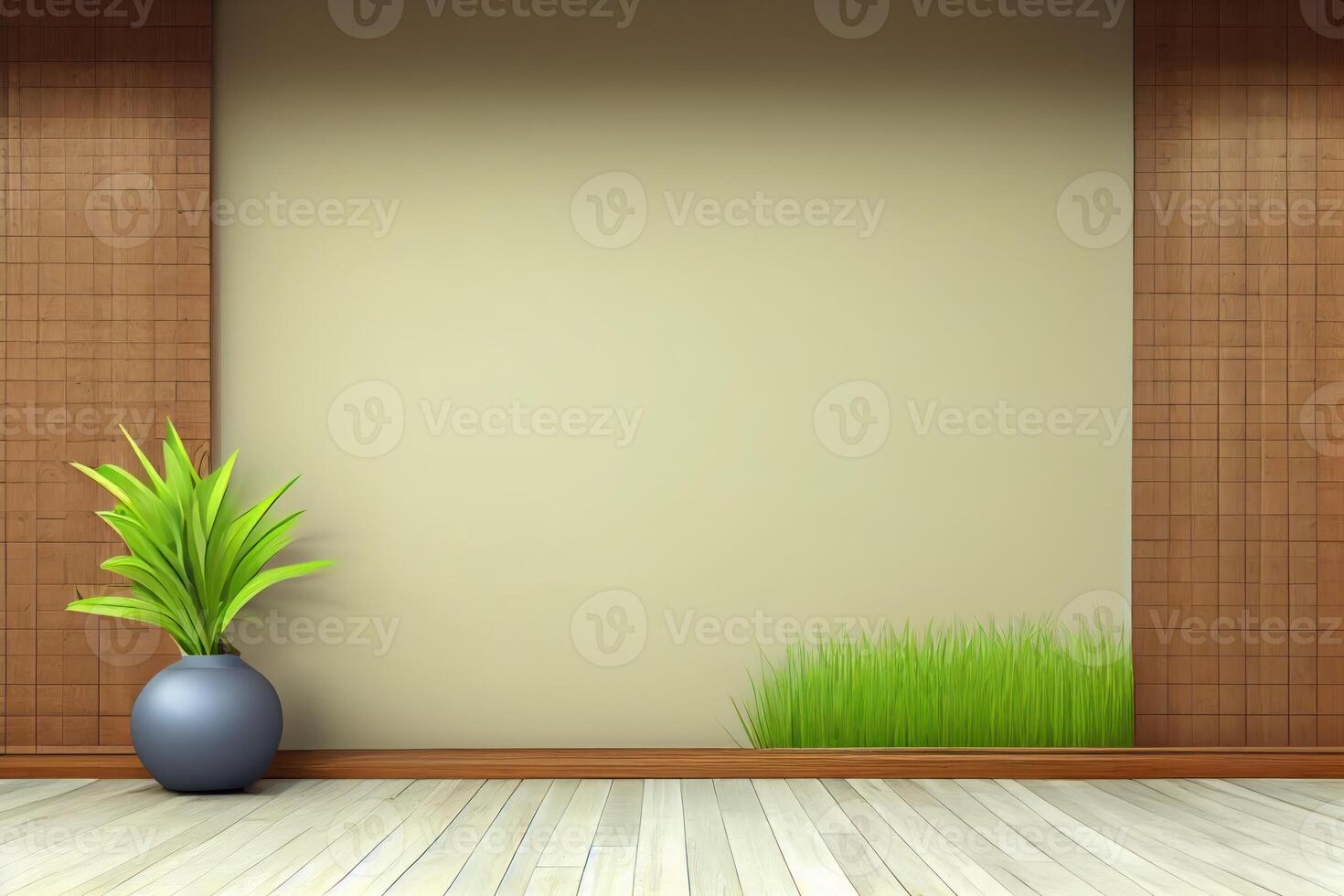 Interior background of room with beige stucco wall and pot . photo