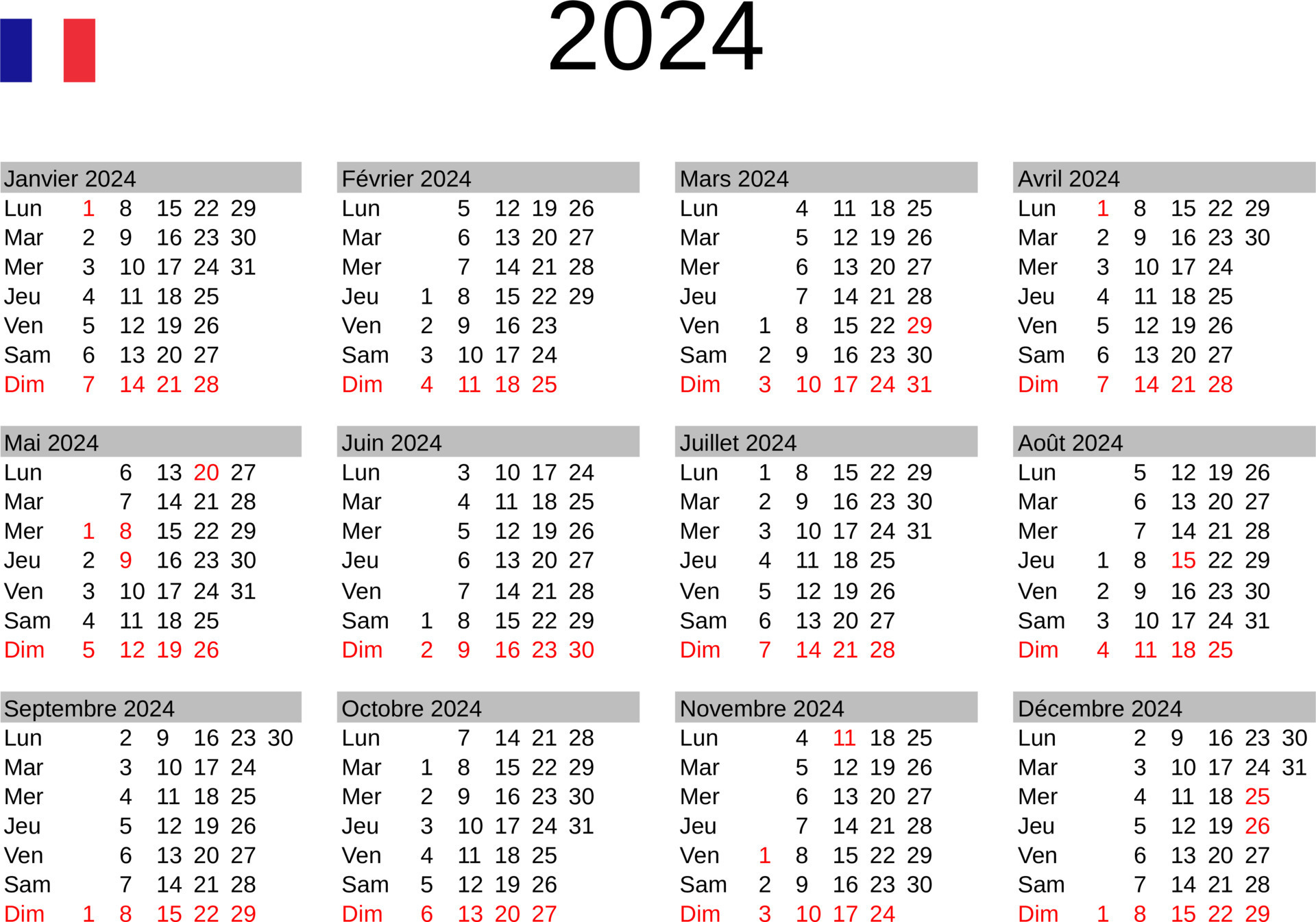 year 2024 calendar in French with France holidays 22819495 Vector Art