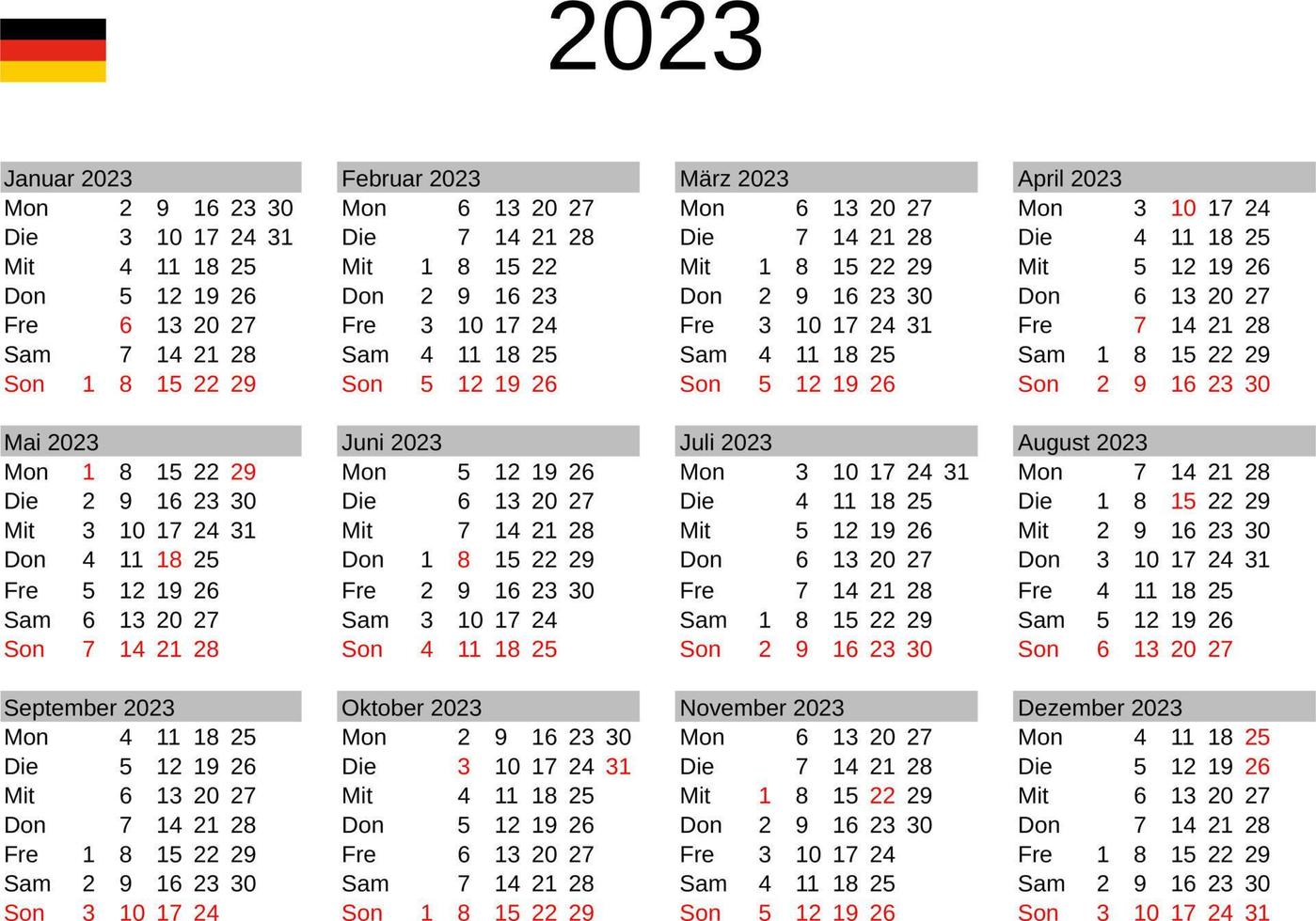 año 2023 calendario en alemán con Alemania Días festivos vector