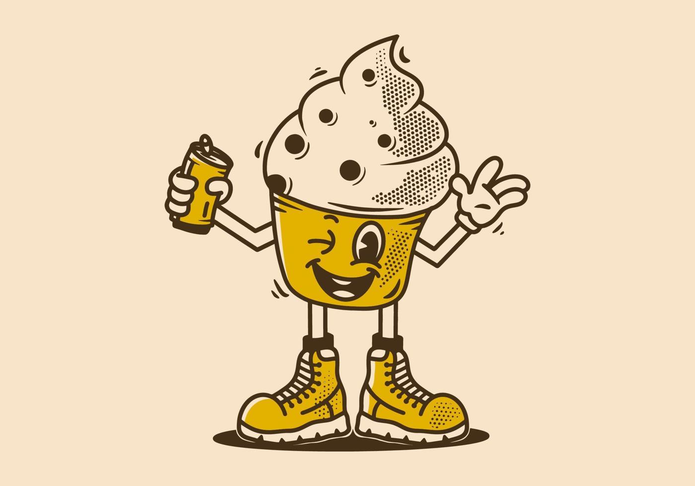 Character design of cup cake holding a beer can vector
